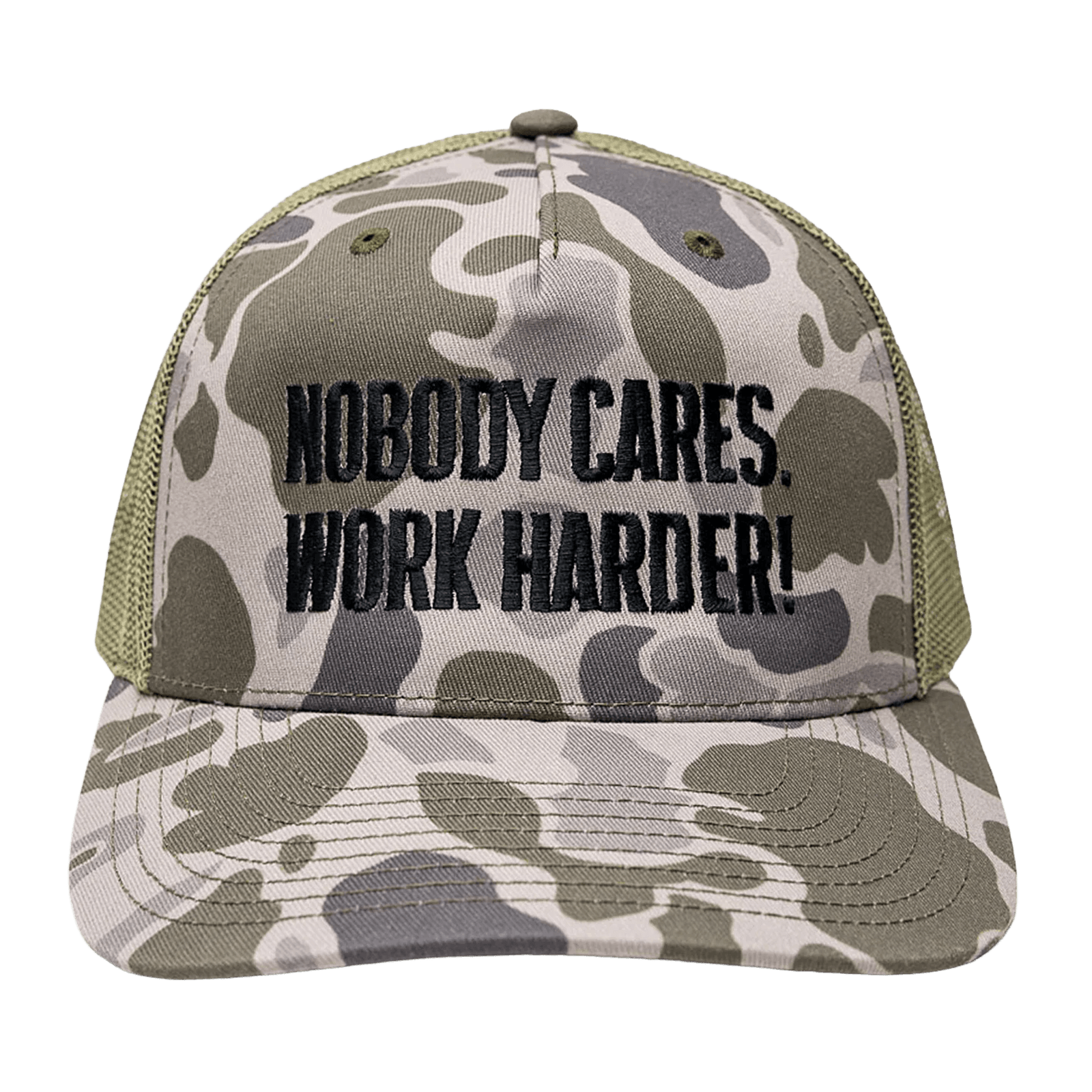Men's Duck Camo Trucker Hat | Nobody Cares Work Harder | Cameron Hanes