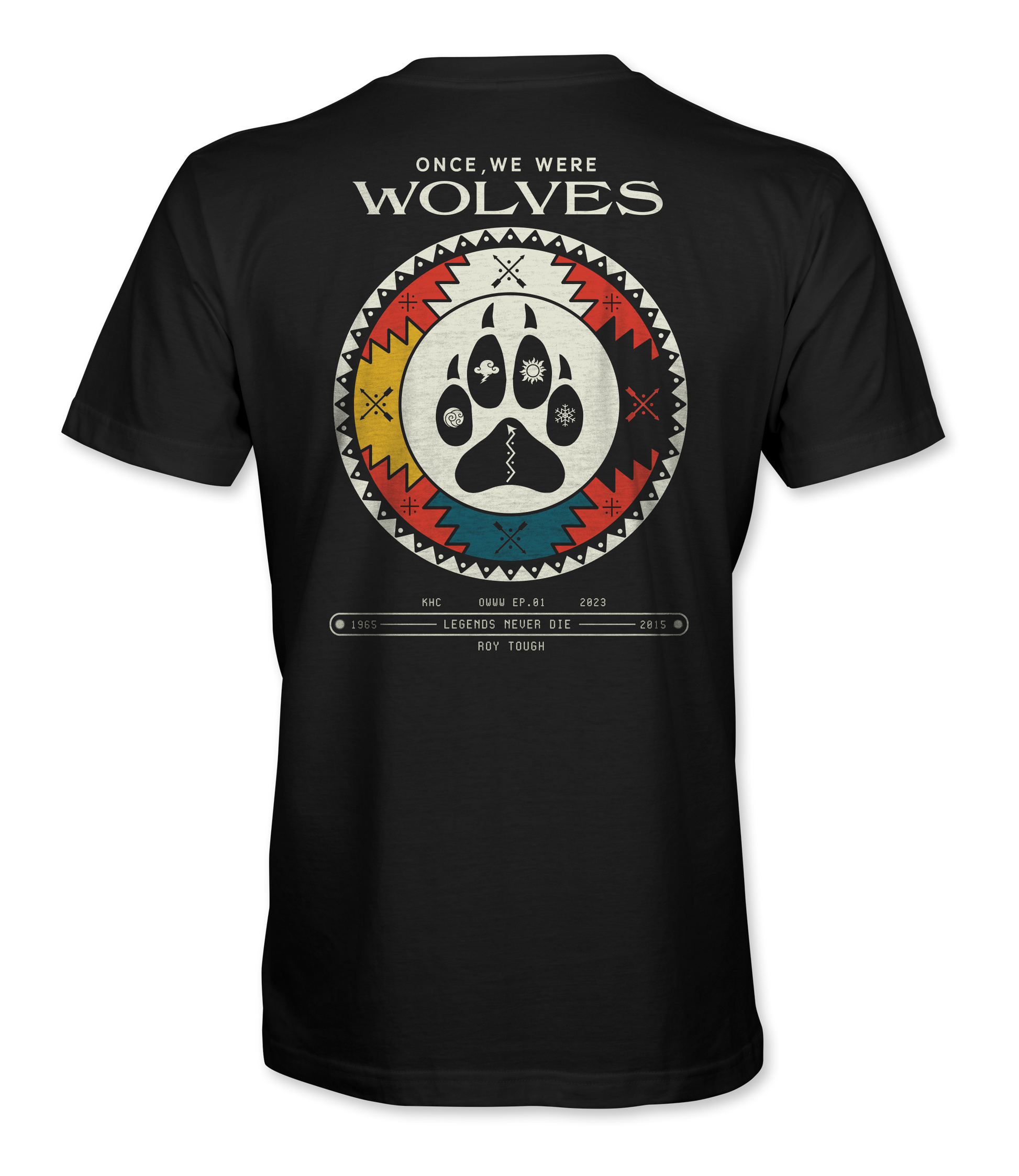 picture of the back of a black shirt with a indian tribal design and a wolf paw print