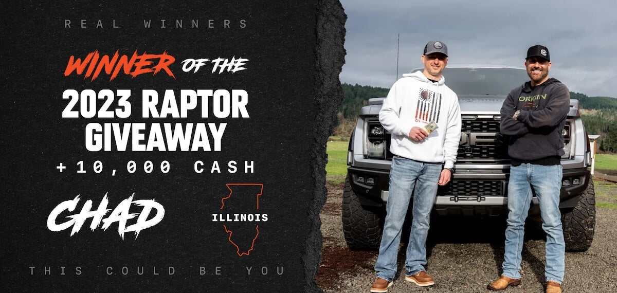 Two men standing in front of a truck with promotional text for the 2023 Raptor Giveaway in Illinois.