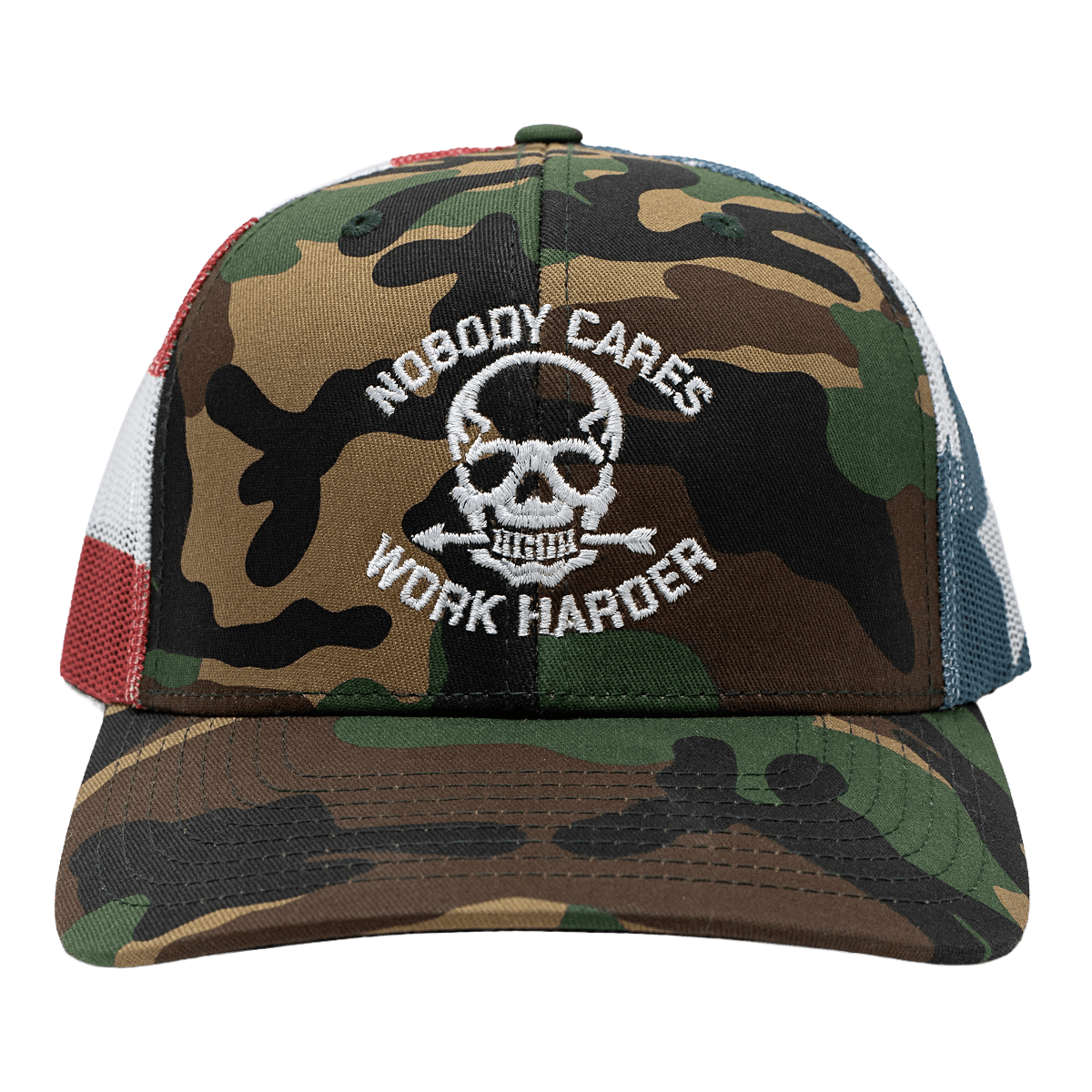 NOBODY CARES SKULL CAMO FLAG HAT