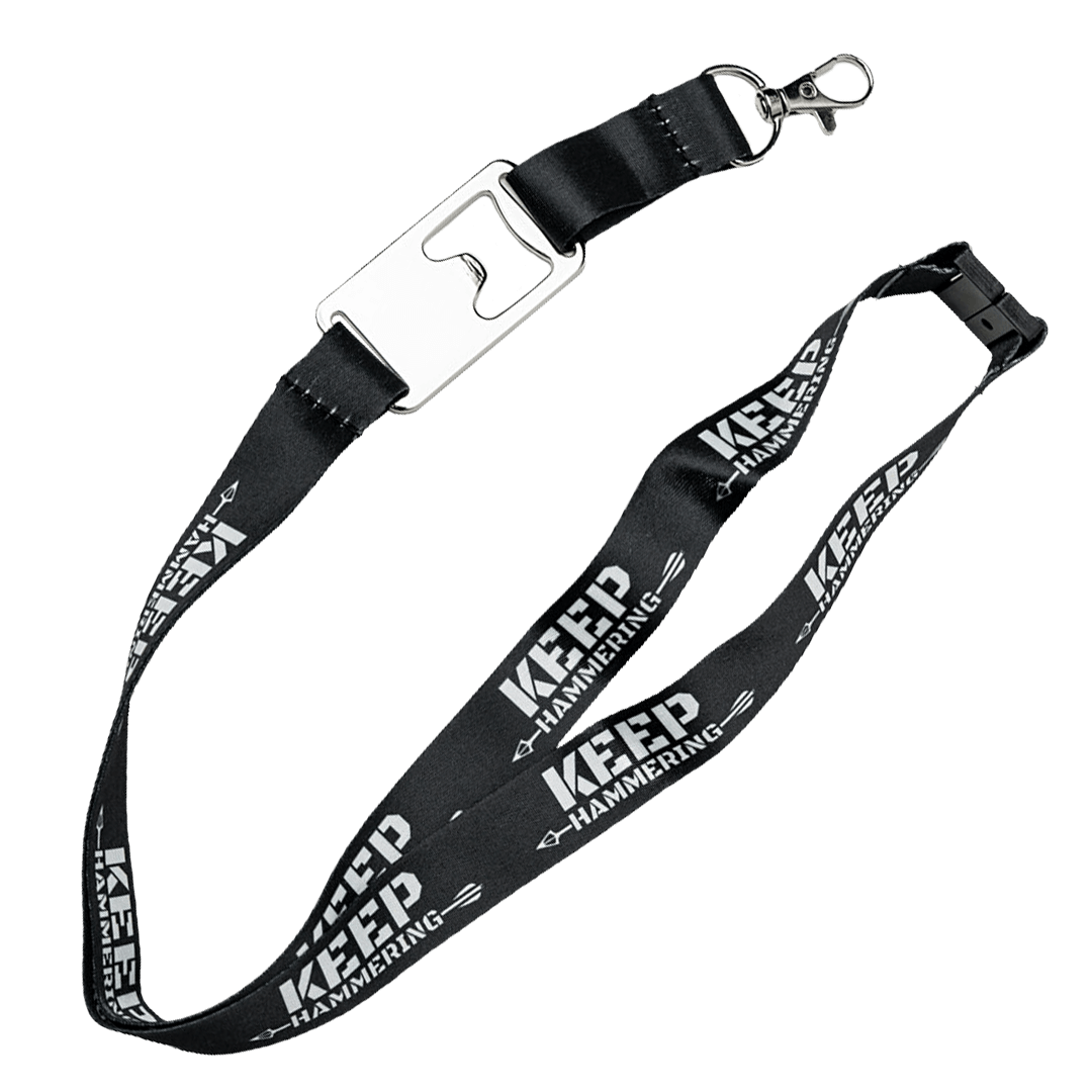 Black lanyard with 'KEEP HAMMERING' text on a white background