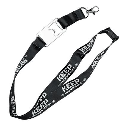 Black lanyard with 'KEEP HAMMERING' text on a white background